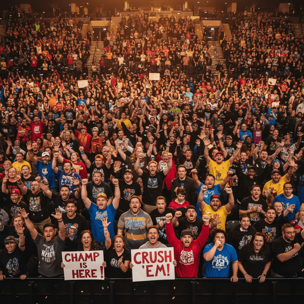 A vibrant, energetic wide shot of a packed arena crowd during a wrestling event